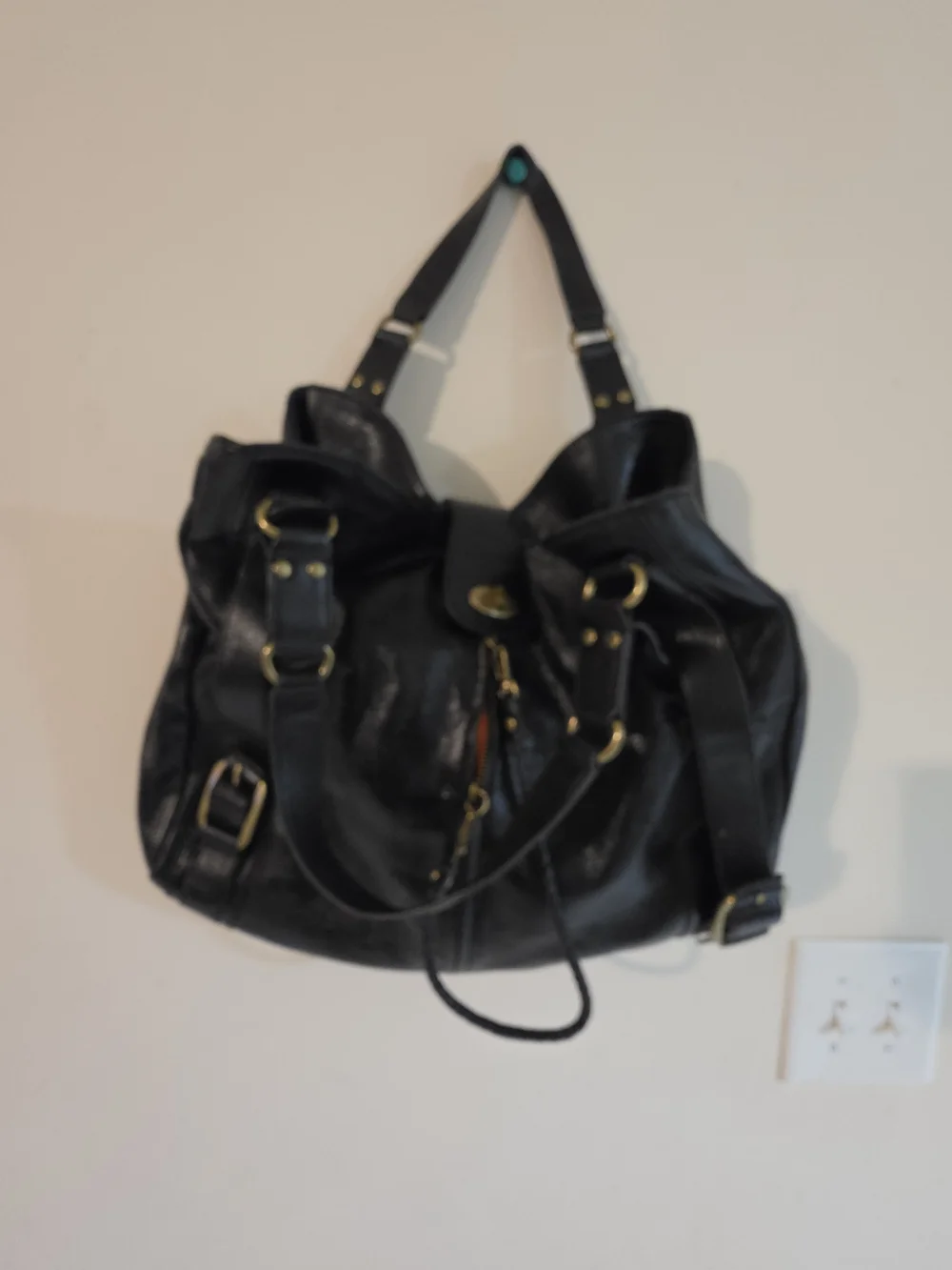 Black Leather Shoulder Bag with Gold Hardware